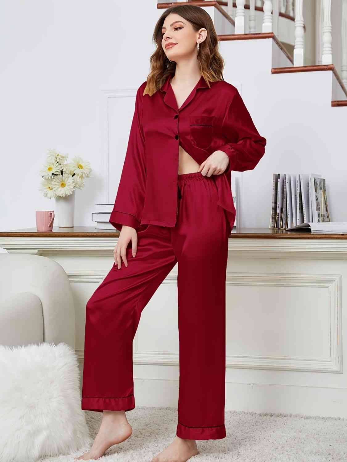 Lapel Collar Long Sleeve Top and Pants Pajama Set - TRENDMELO