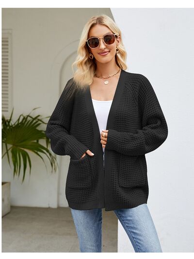 Open Front Raglan Sleeve Pocketed Cardigan - TRENDMELO