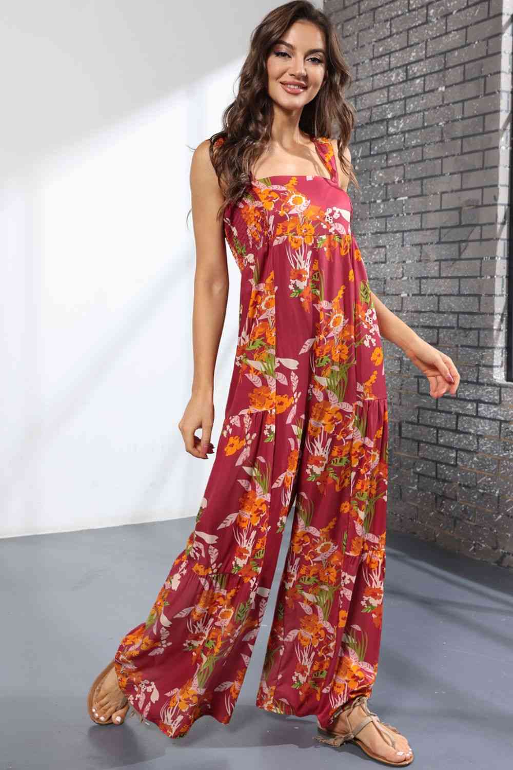 Floral Square Neck Wide Leg Jumpsuit - TRENDMELO