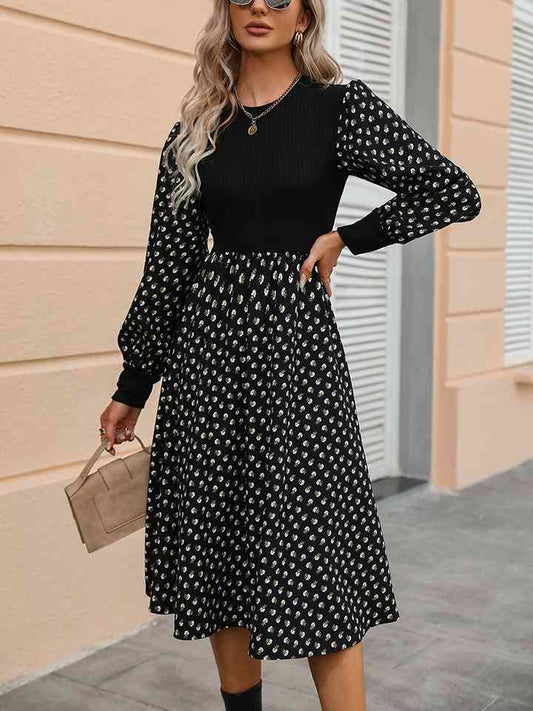 Printed Round Neck Long Sleeve Dress - TRENDMELO