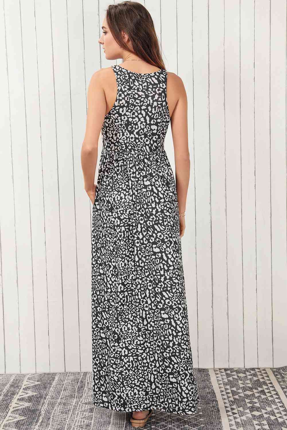 Leopard Round Neck Sleeveless Maxi Dress - TRENDMELO