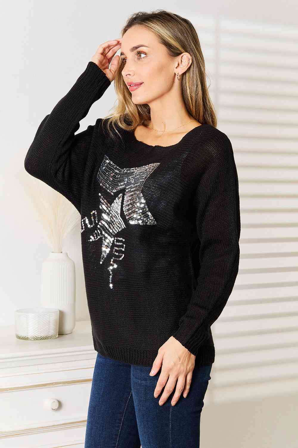 Double Take Sequin Graphic Dolman Sleeve Knit Top - TRENDMELO