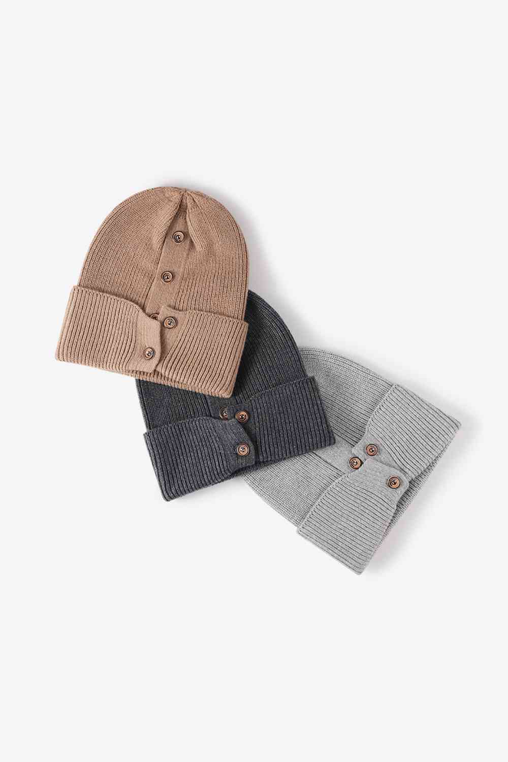 Button Detail Rib-Knit Cuff Beanie - TRENDMELO