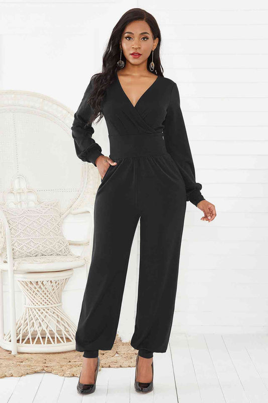 Gathered Detail Surplice Lantern Sleeve Jumpsuit - TRENDMELO