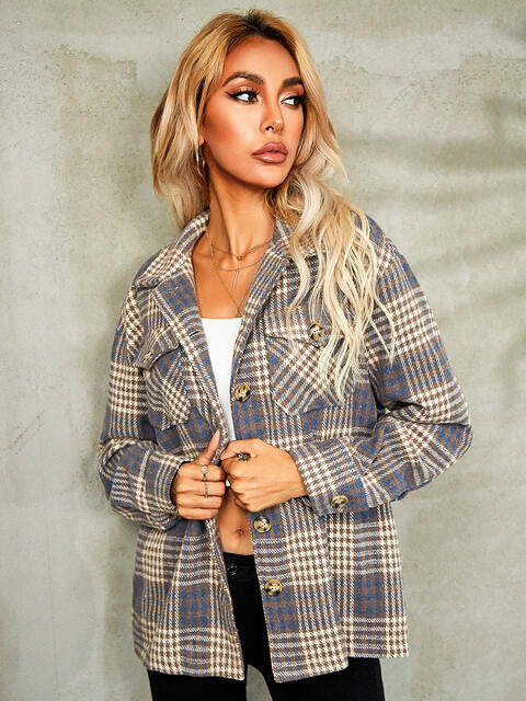 Plaid Button Down Collared Jacket - TRENDMELO