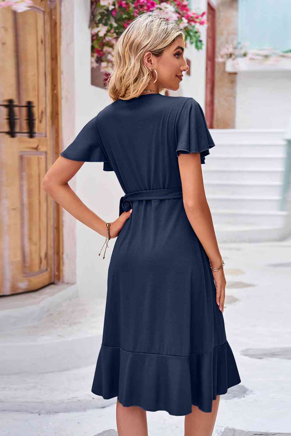 Surplice Neck Flutter Sleeve Dress - TRENDMELO