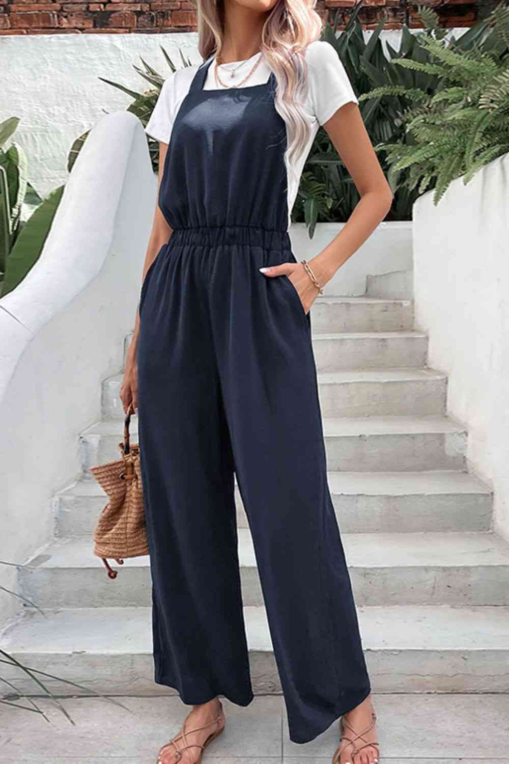 Elastic Waist Overalls with Pockets - TRENDMELO