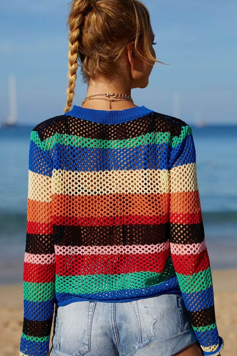 Rainbow Stripe Openwork Long Sleeve Cover-Up - TRENDMELO