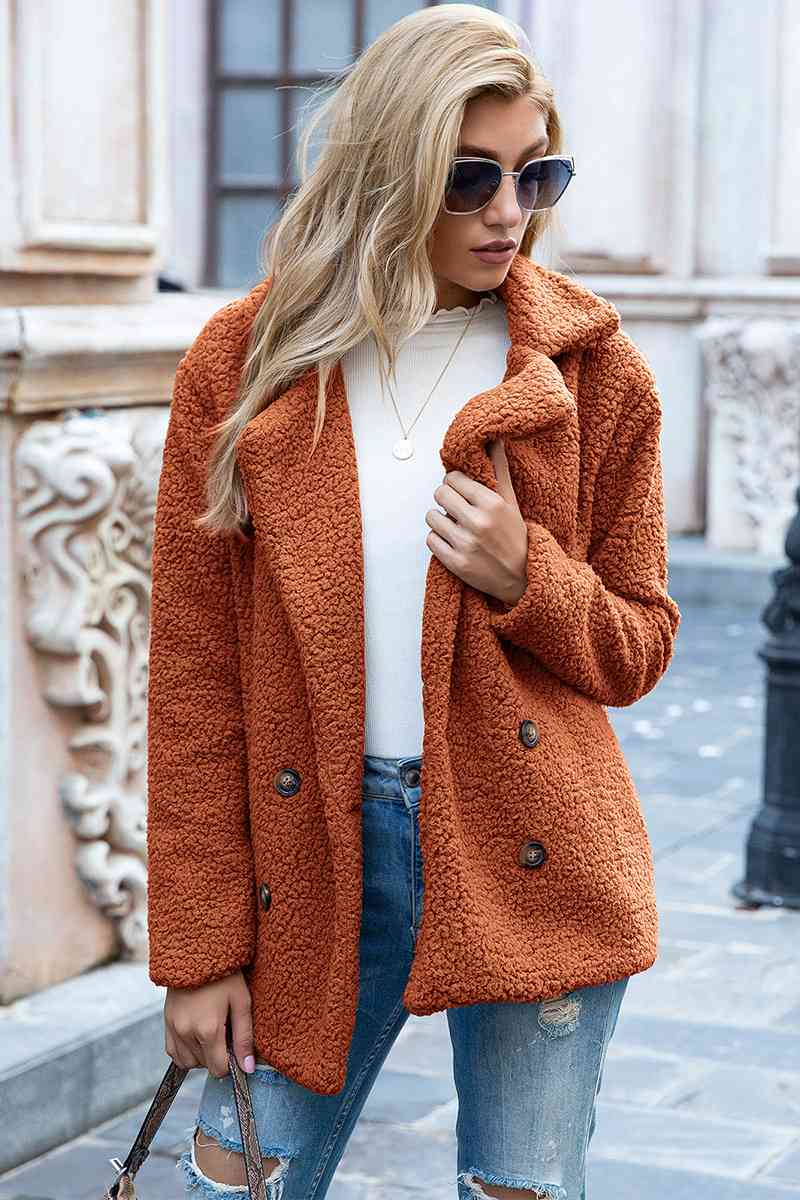 Full Size Lapel Collar Sherpa Coat - TRENDMELO