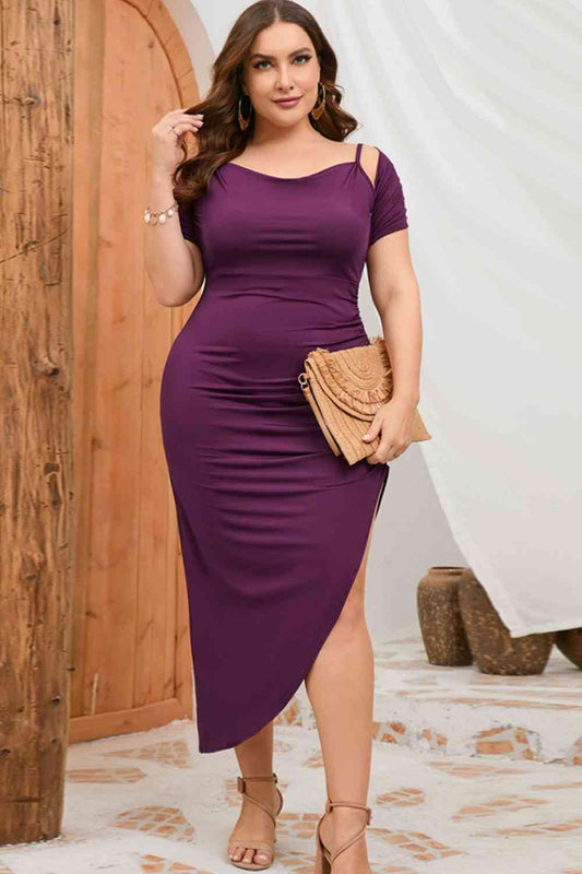 Plus Size Asymmetrical Hem Ruched Dress - TRENDMELO