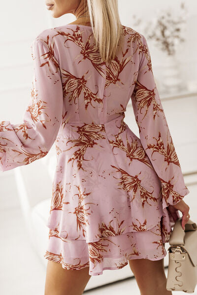 Printed Surplice Balloon Sleeve Mini Dress - TRENDMELO