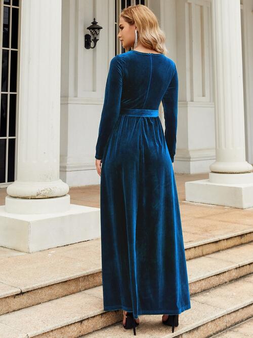 Tie Front Round Neck Long Sleeve Maxi Dress - TRENDMELO