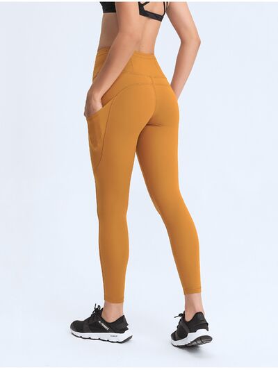 Double Take Wide Waistband Leggings with Pockets - TRENDMELO