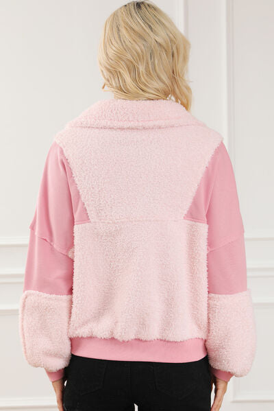 Fuzzy Half Zip Dropped Shoulder Sweatshirt - TRENDMELO