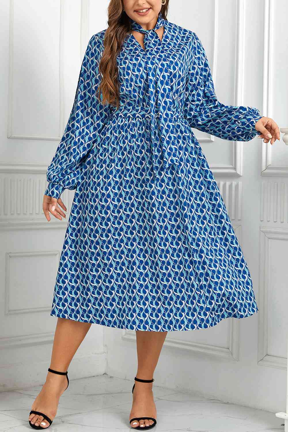 Plus Size Printed Tie Neck Midi Dress - TRENDMELO