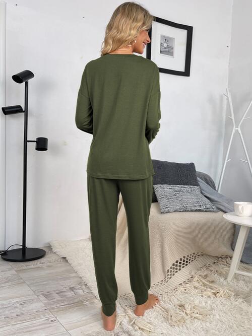 Round Neck Top and Drawstring Pants Lounge Set - TRENDMELO