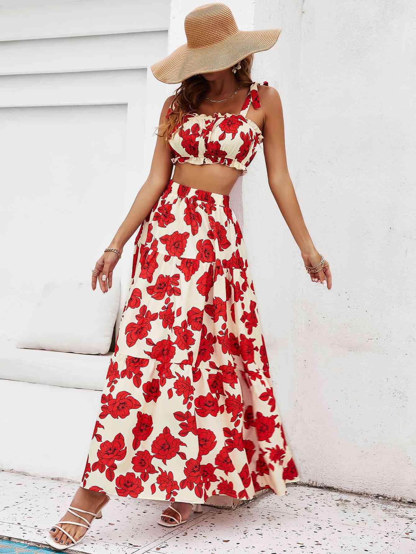 Floral Tie Shoulder Top and Tiered Maxi Skirt Set - TRENDMELO