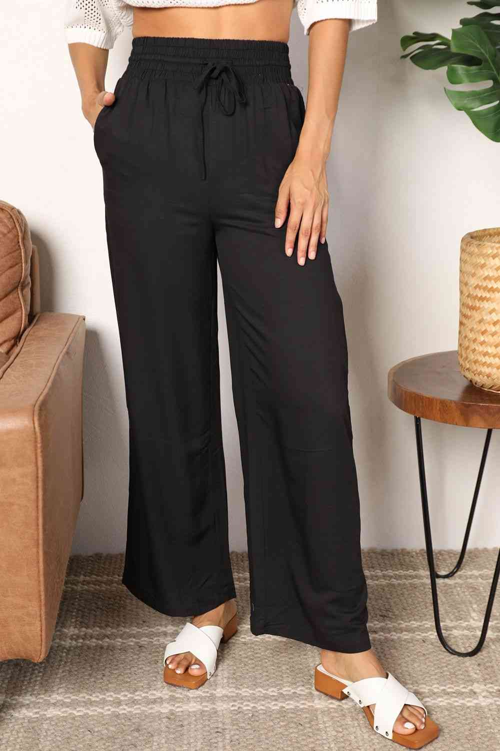 Double Take Drawstring Smocked Waist Wide Leg Pants - TRENDMELO