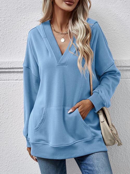 V-Neck Drop Shoulder Long Sleeve Hoodie - TRENDMELO