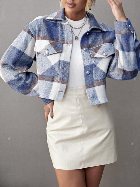 Plaid Collared Neck Button Down Jacket - TRENDMELO