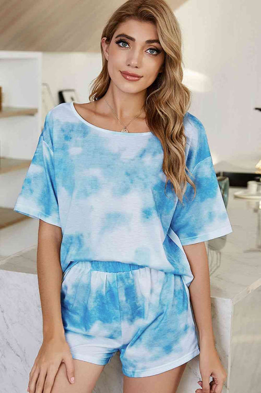 Tie-Dye Boat Neck Top and Shorts Lounge Set - TRENDMELO