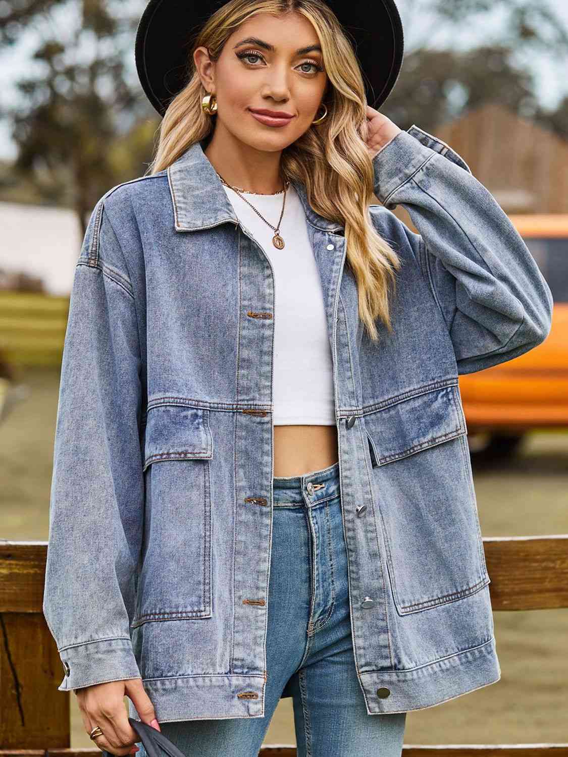 Dropped Shoulder Denim Jacket with Pockets - TRENDMELO