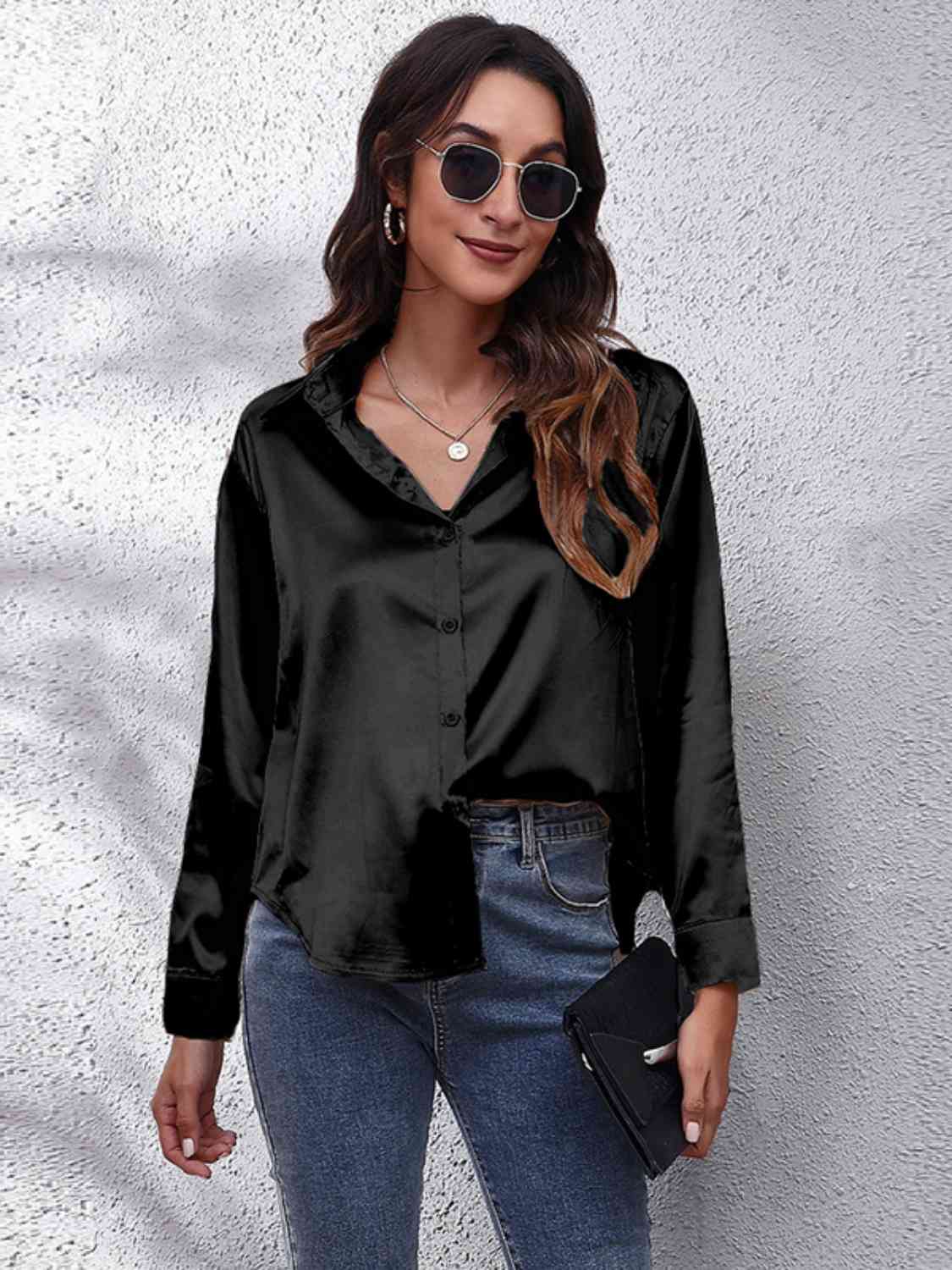 Collared Neck Buttoned Long Sleeve Shirt - TRENDMELO