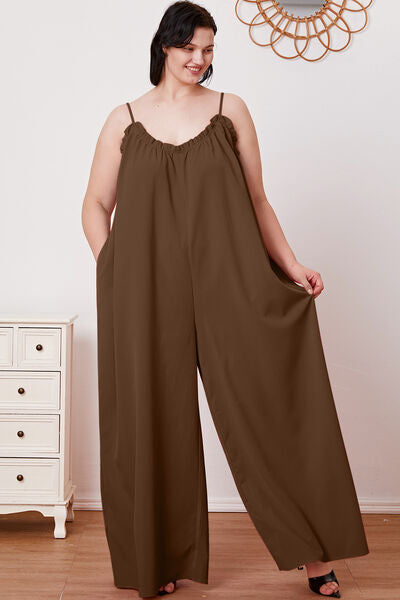 Full Size Ruffle Trim Tie Back Cami Jumpsuit with Pockets - TRENDMELO