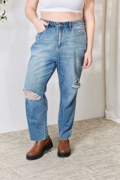 Judy Blue Full Size Distressed Raw Hem Straight Jeans - TRENDMELO