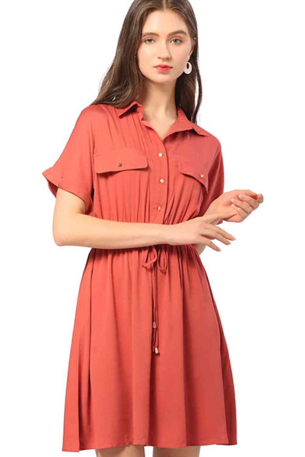 Half Button Drawstring Waist Short Sleeve Shirt Dress - TRENDMELO