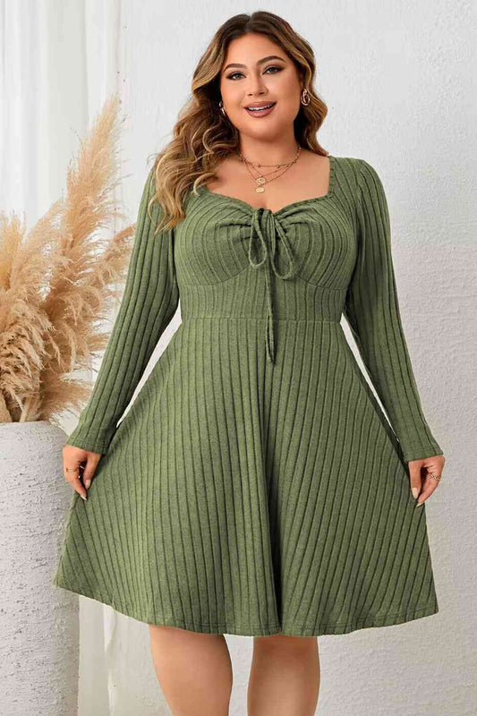 Plus Size Sweetheart Neck Long Sleeve Ribbed Dress - TRENDMELO