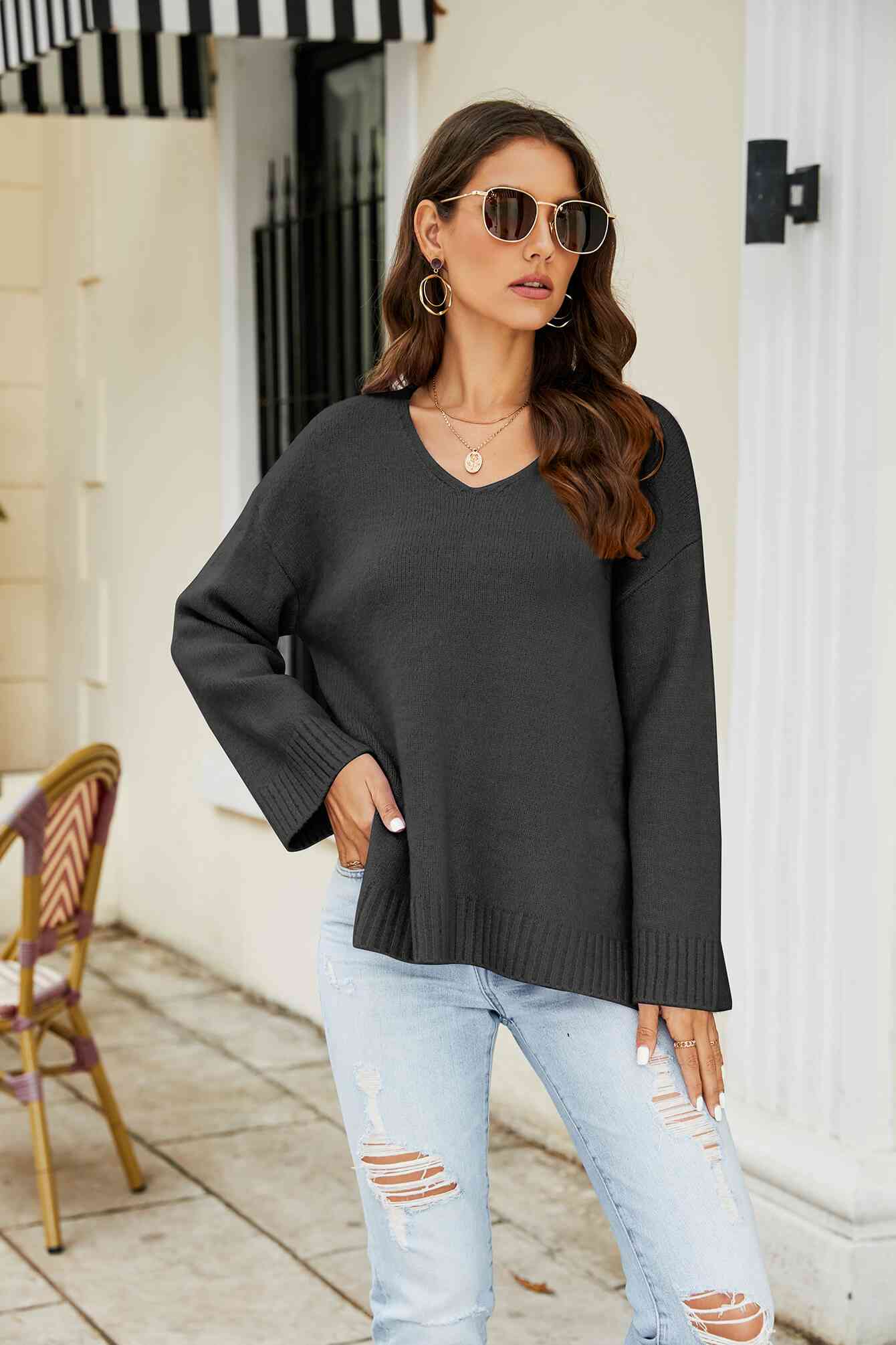 Drop Shoulder V-Neck Knit Pullover - TRENDMELO