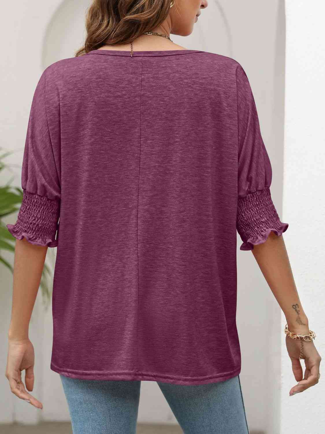 Smocked Flounce Sleeve Round Neck T-Shirt - TRENDMELO