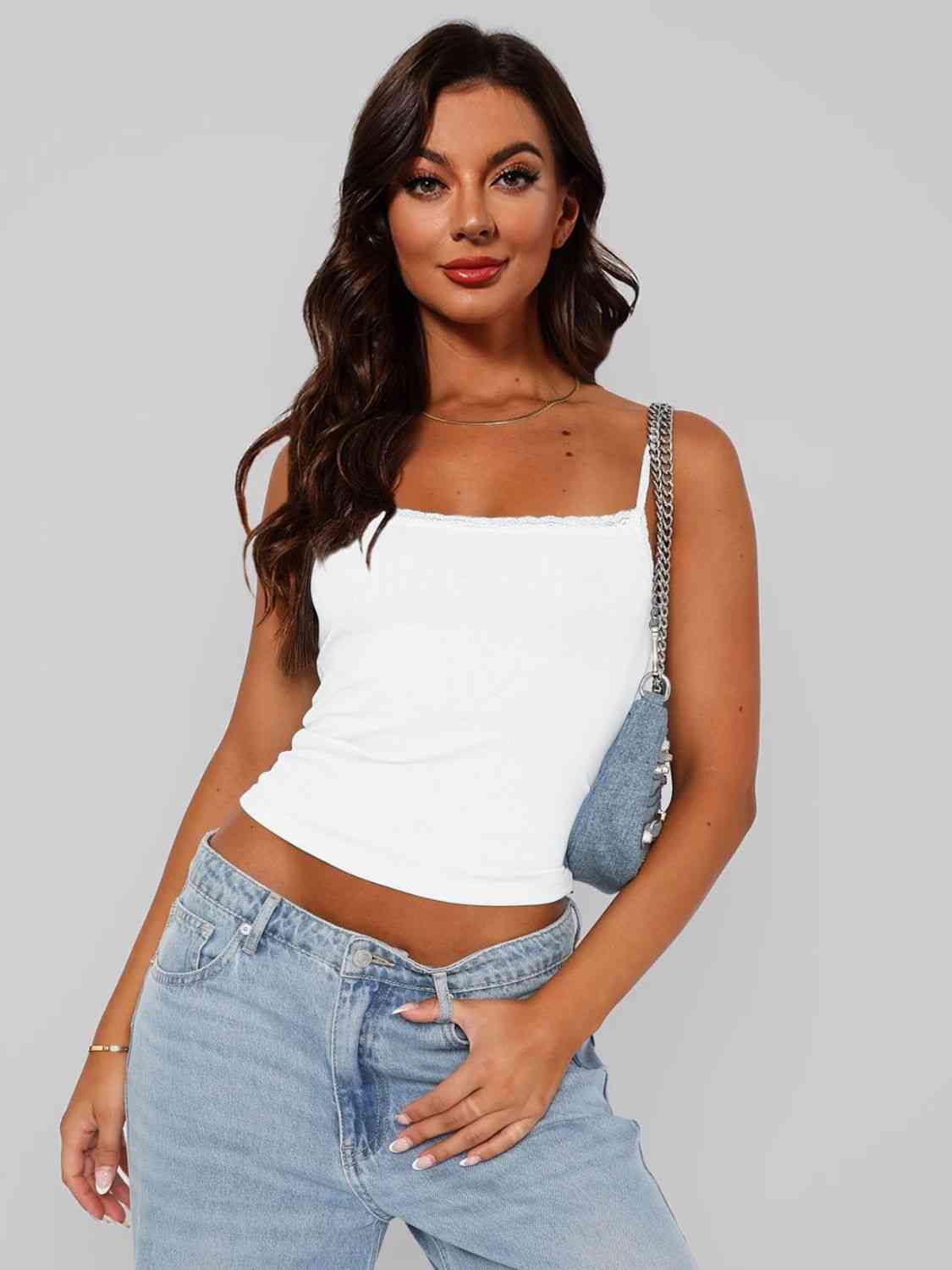 Lace Trim Straight Neck Cami - TRENDMELO