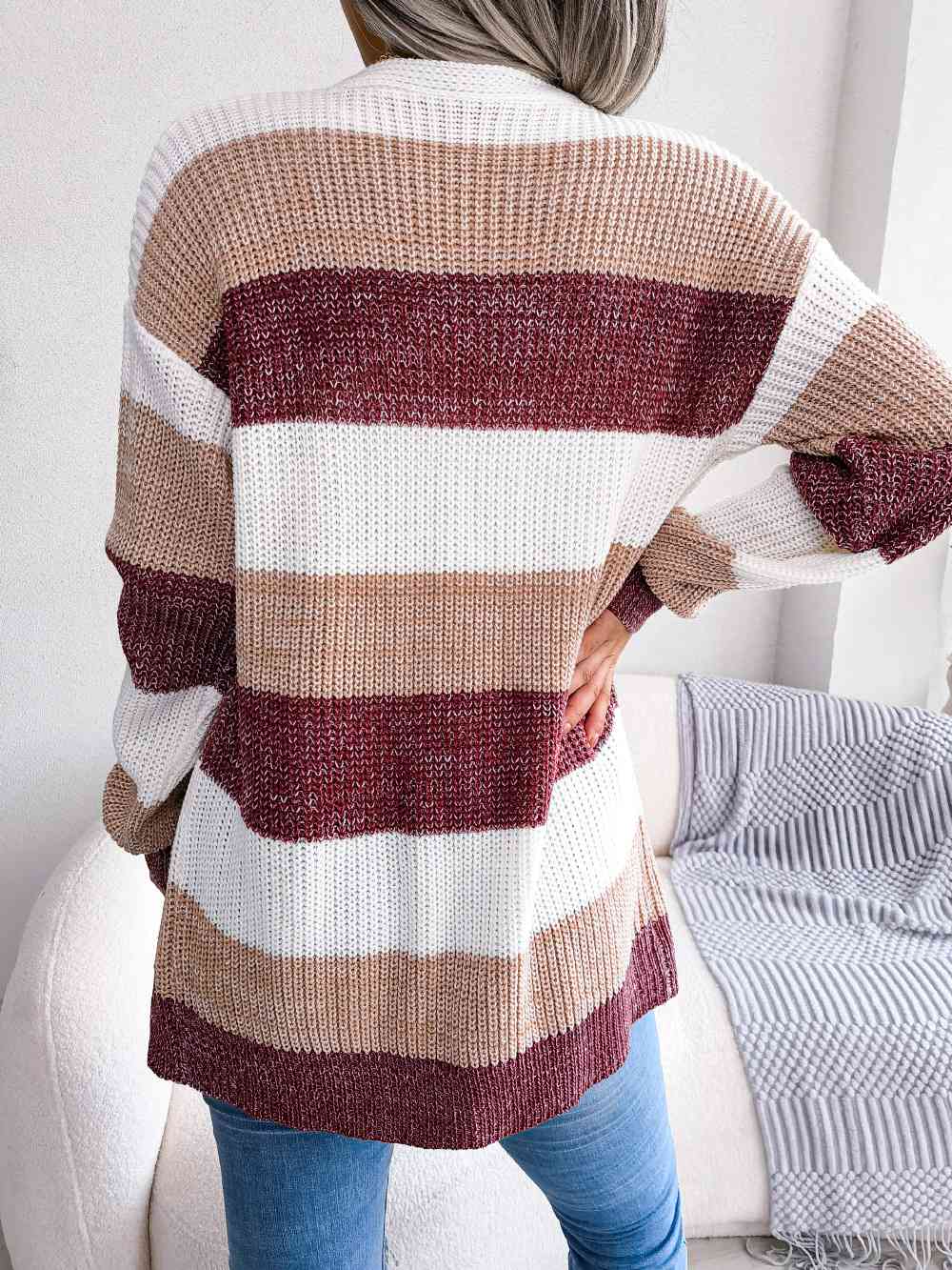 Striped Rib-Knit Open Front Longline Cardigan - TRENDMELO