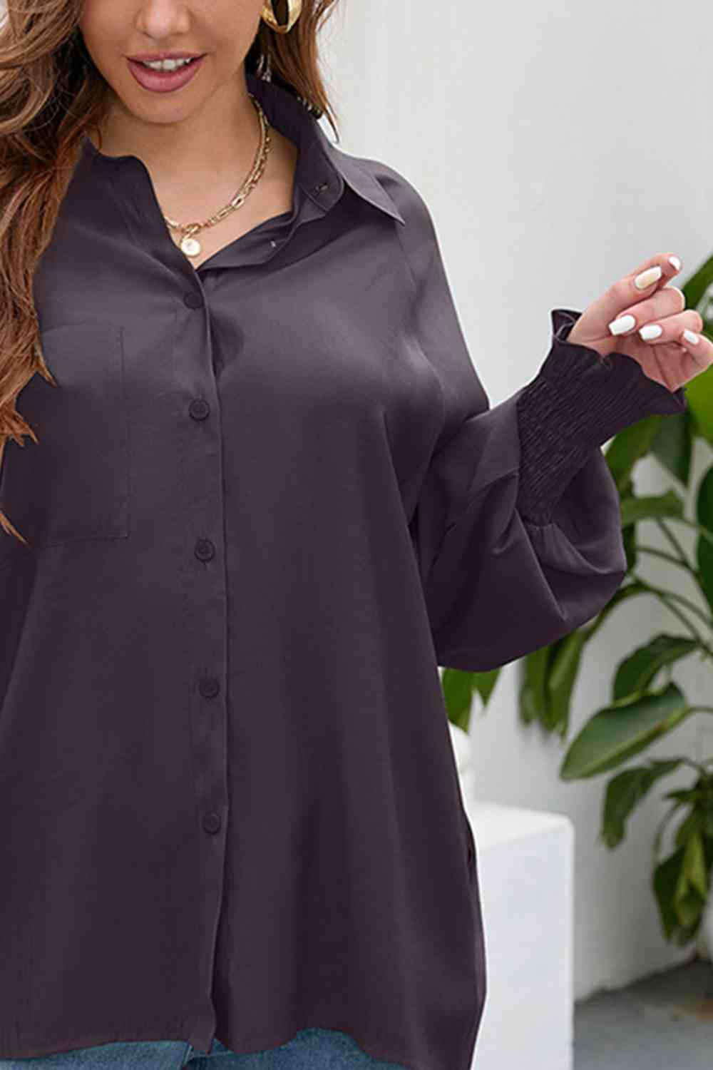 High-Low Collared Neck Lantern Sleeve Shirt - TRENDMELO