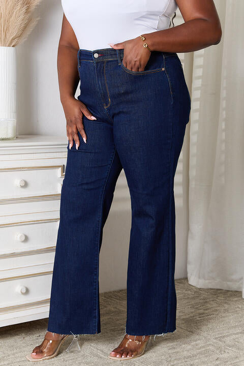 Judy Blue Full Size Raw Hem Straight Leg Jeans with Pockets - TRENDMELO