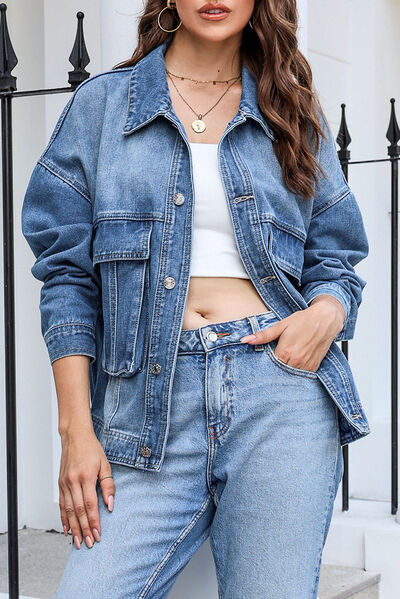 Button Up Dropped Shoulder Denim Jacket with Pockets - TRENDMELO