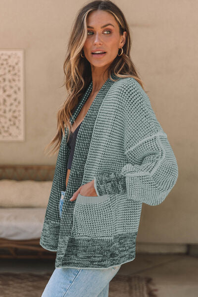 Waffle-knit Pocketed Open Front Cardigan - TRENDMELO