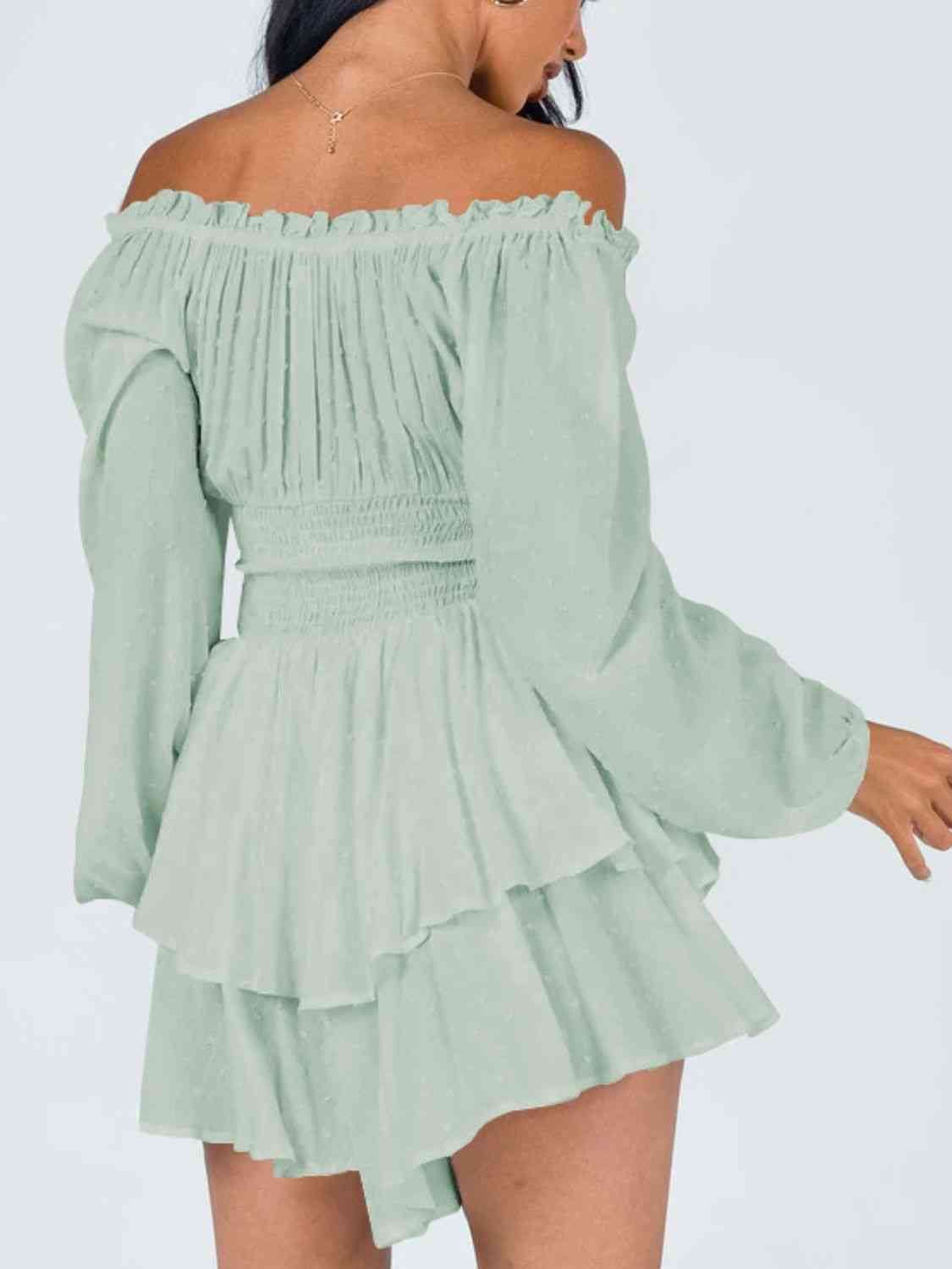 Off Shoulder Smocked Waist Romper - TRENDMELO