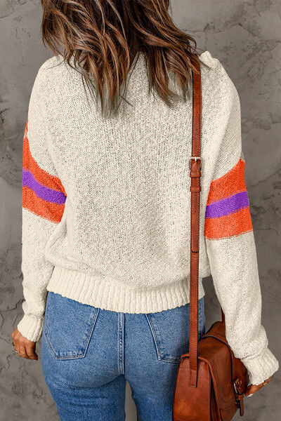 Contrast Round Neck Dropped Shoulder Sweater - TRENDMELO