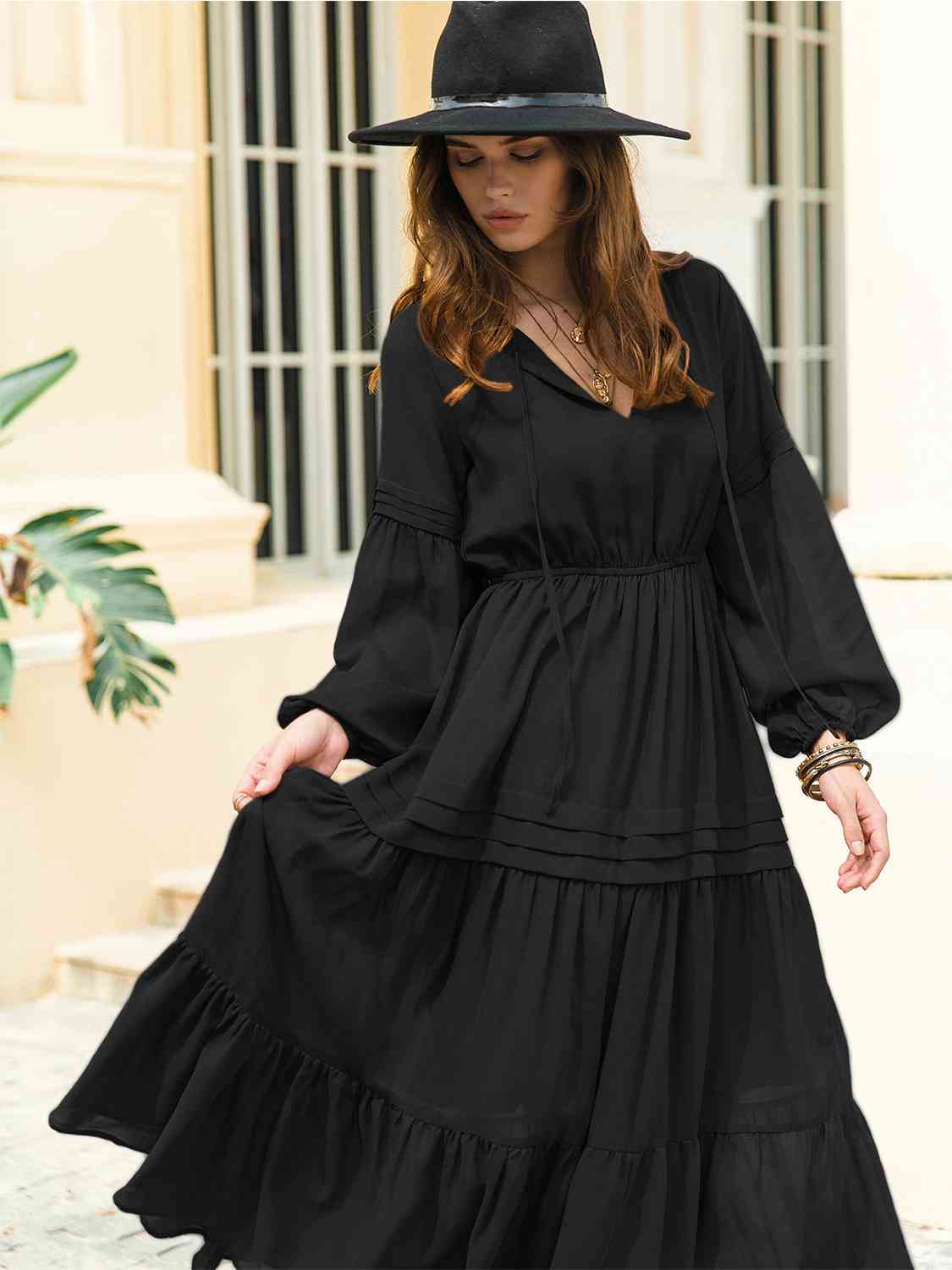 Tie Neck Long Sleeve Midi Tiered Dress - TRENDMELO