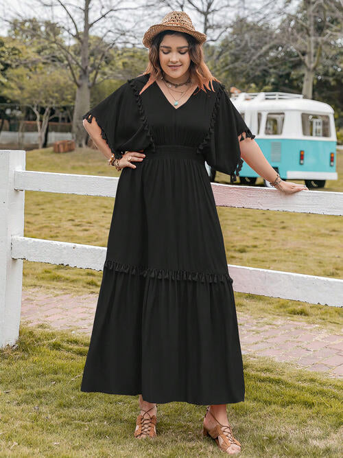 Plus Size Tassel Trim V-Neck Short Sleeve Ruffle Hem Dress - TRENDMELO