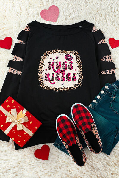 HUGS AND KISSES Leopard Round Neck Sweatshirt - TRENDMELO