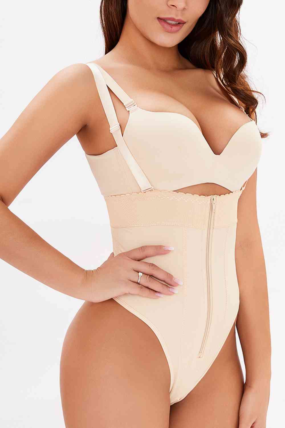 Full Size Adjustable Strap Zip-Up Shaping Bodysuit - TRENDMELO