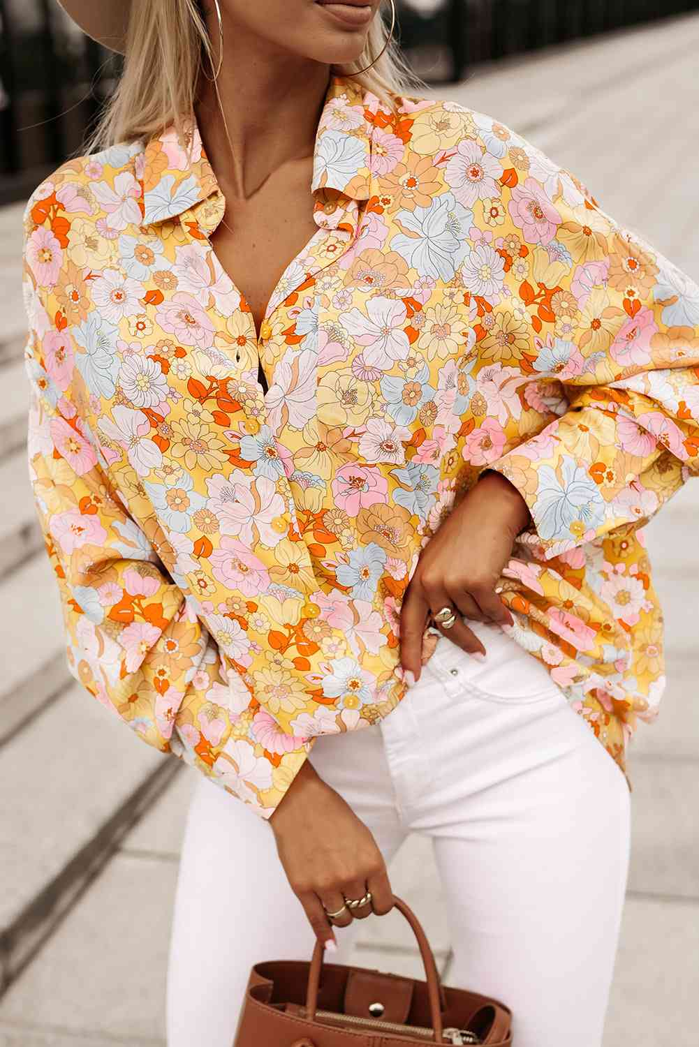 Floral Collared Neck Long Sleeve Shirt - TRENDMELO