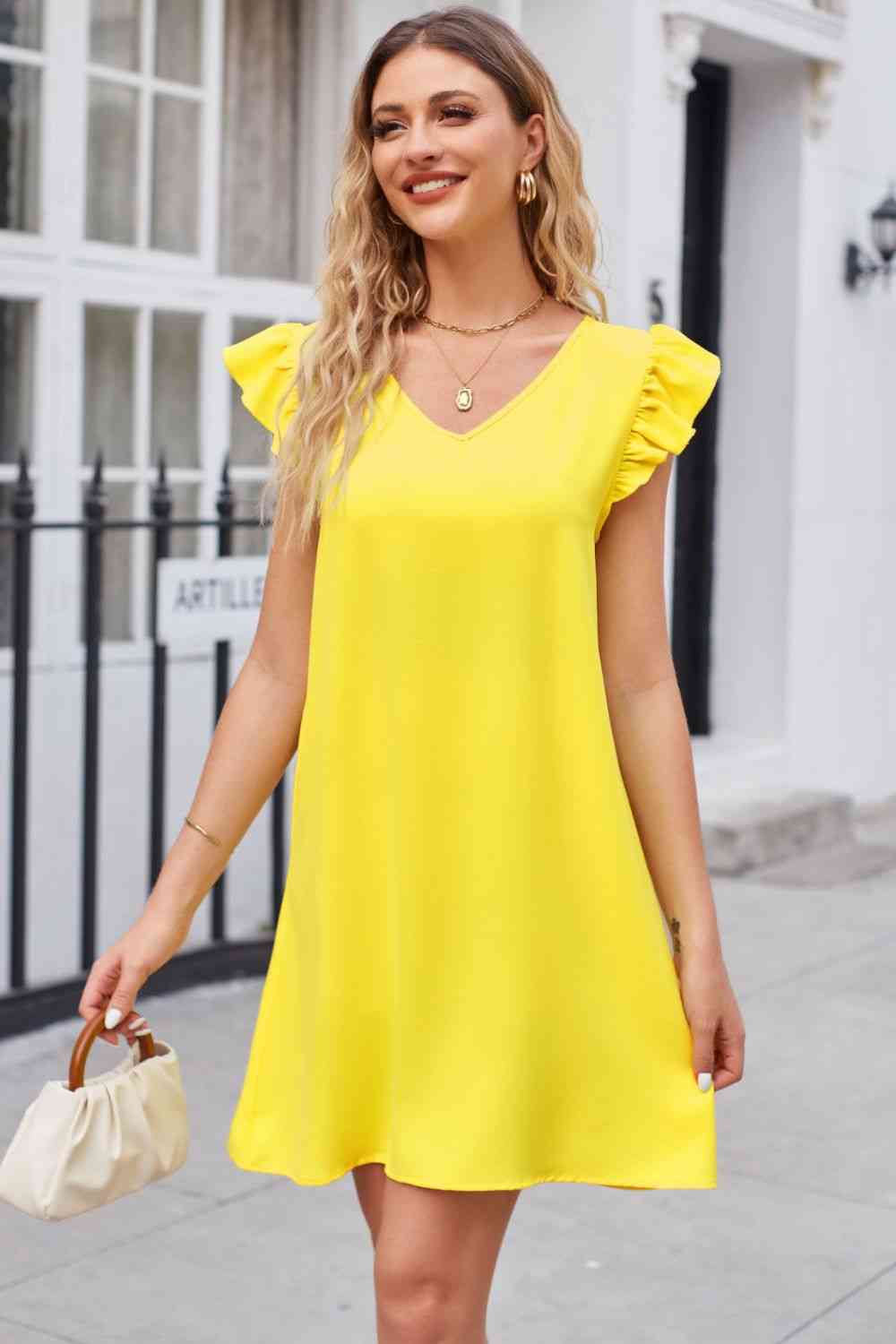 Ruffled V-Neck Flutter Sleeve Dress - TRENDMELO