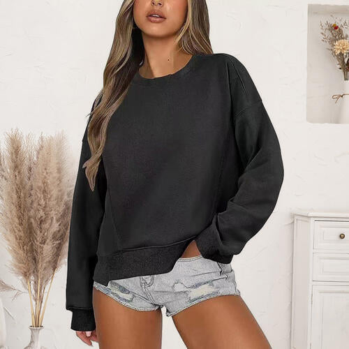 Round Neck Drop Shoulder Long Sleeve Sweatshirt - TRENDMELO