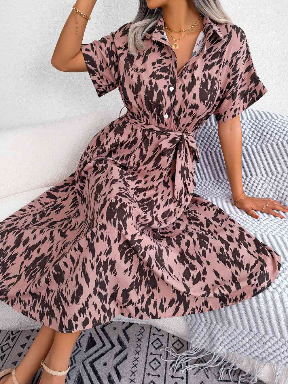 Printed Collared Neck Short Sleeve Tie Waist Dress - TRENDMELO