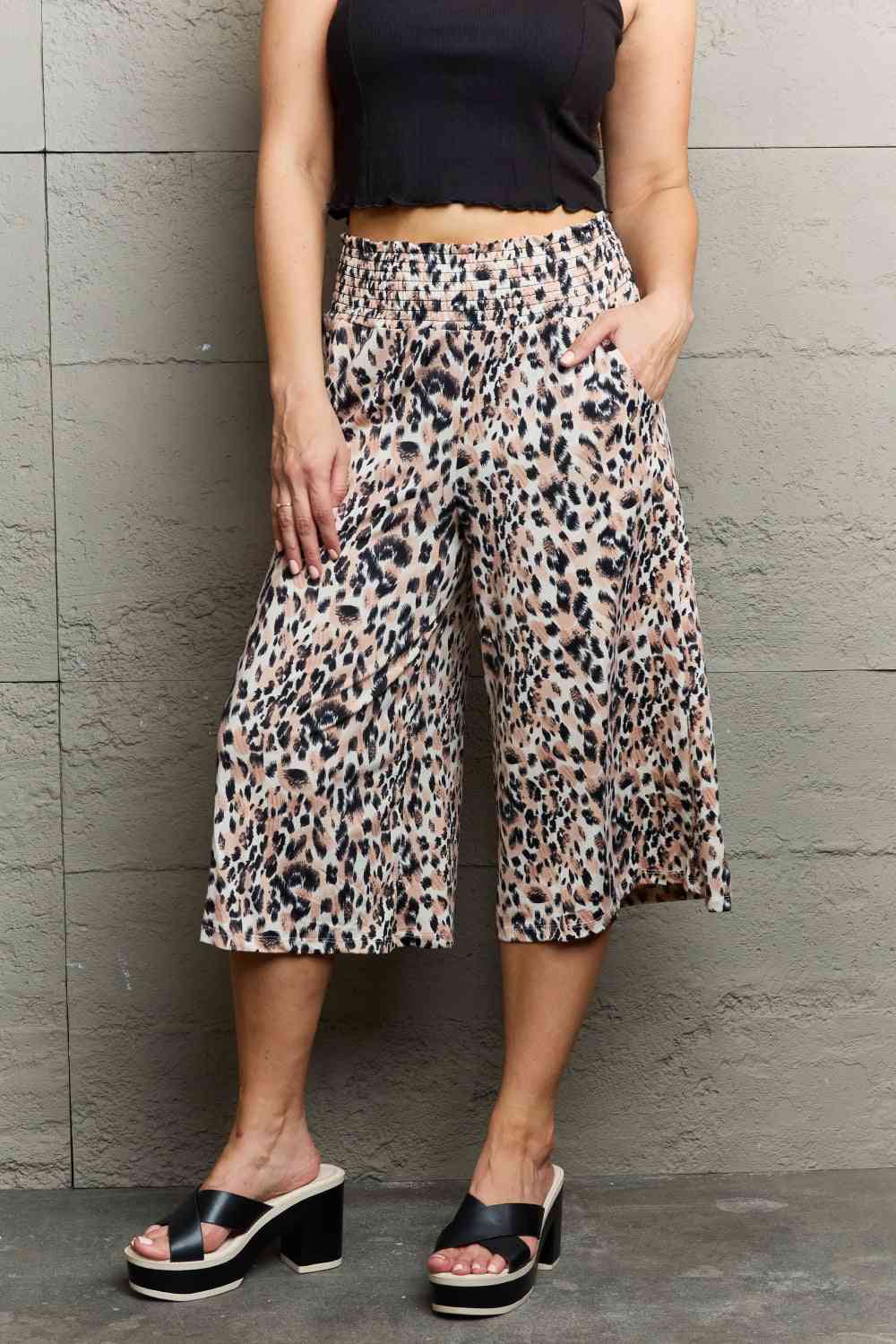 Ninexis Leopard High Waist Flowy Wide Leg Pants with Pockets - TRENDMELO